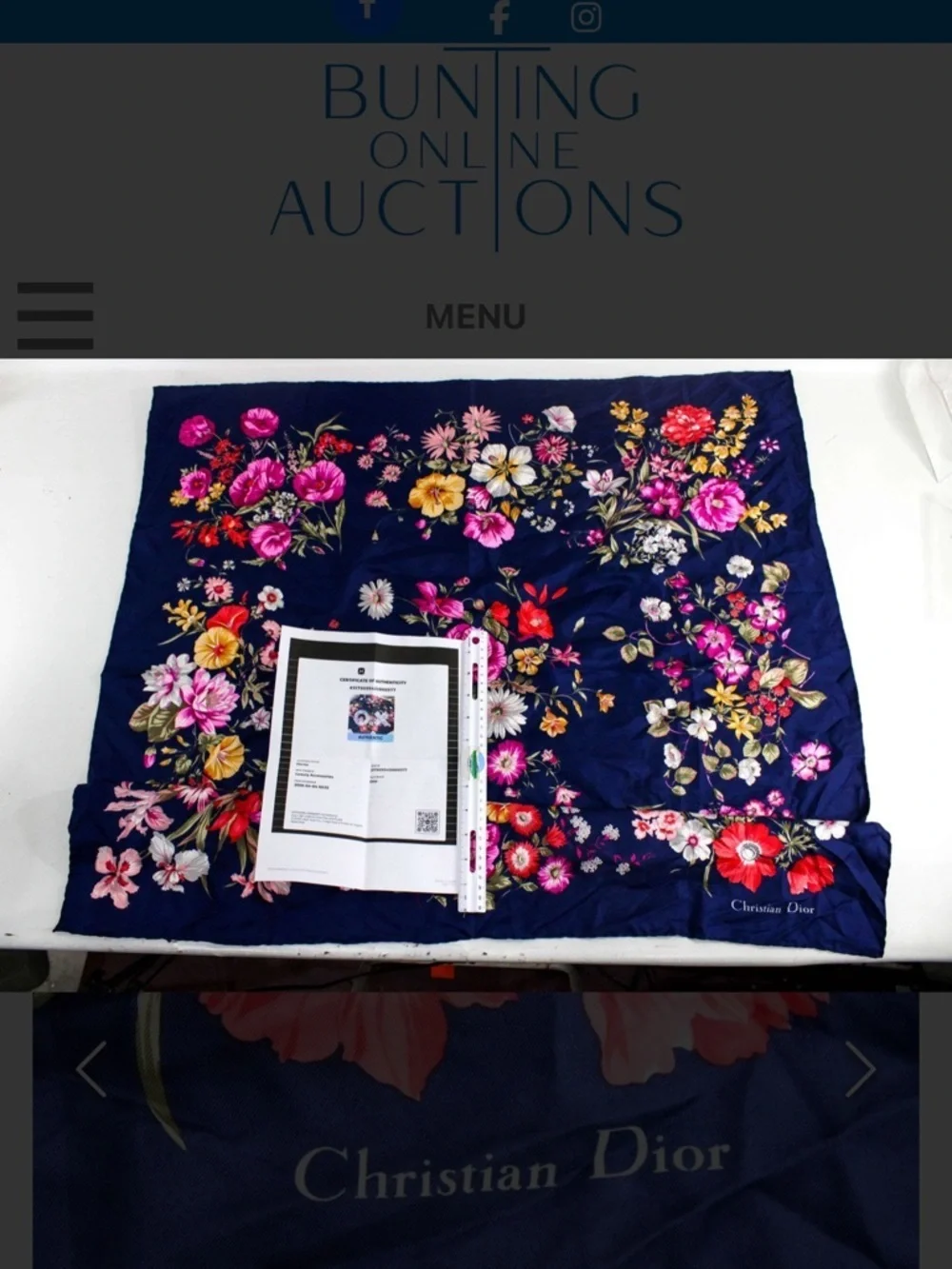 Dior Navy Silk Scarf with Red and Cream Floral Print with COA Simply Elegant